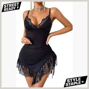 Lace Sleeveless Ruched Mini Dress Bodycon V Neck Cocktail Party Club